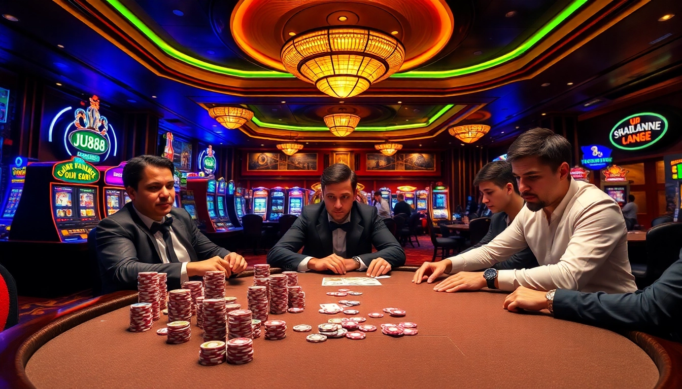 Experience the thrill of Jun88 as players engage at a vibrant poker table in a luxurious casino setting.