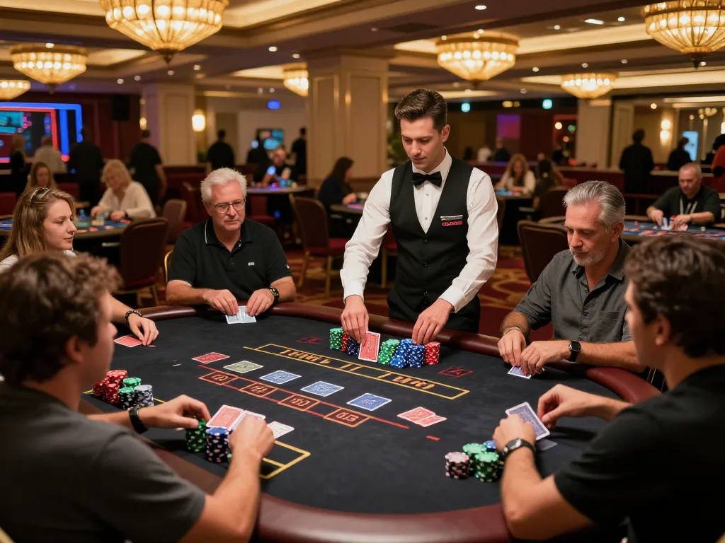 king33 players enjoying an exciting Blackjack game with a professional dealer in a vibrant casino setting