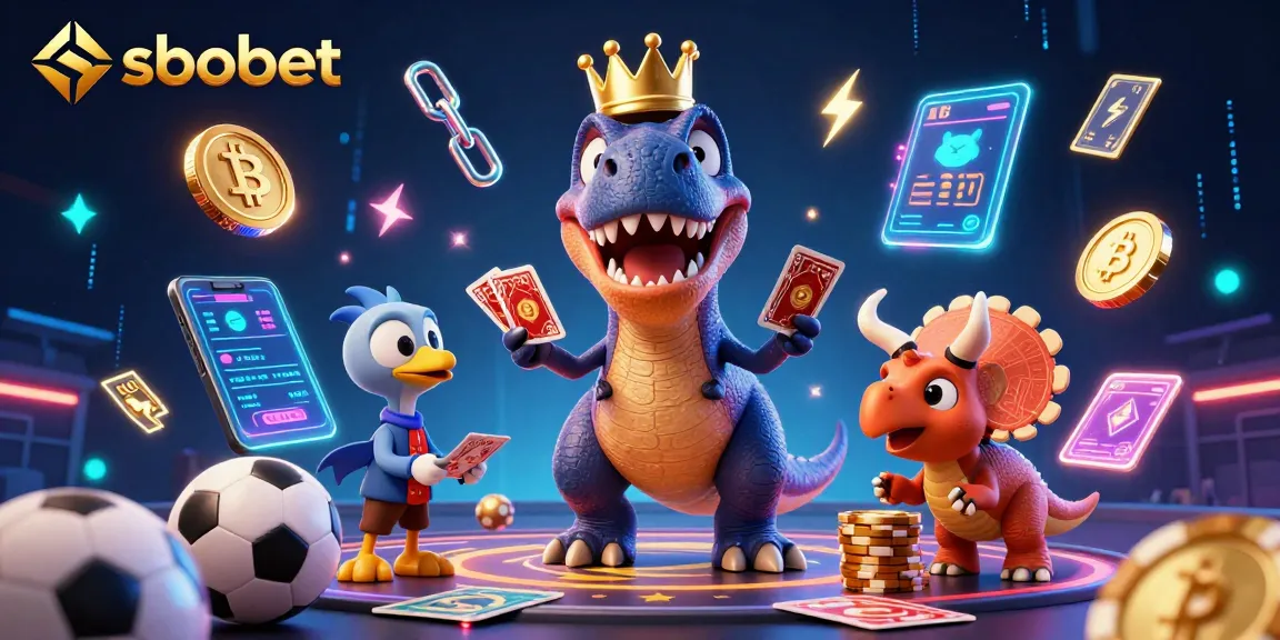 Sbobet sports betting illustration featuring a cartoon dinosaur card dealer and a triceratops with golden chips