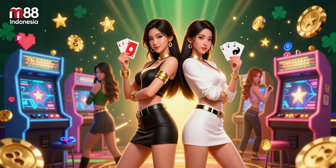 Rasakan petualangan gaming yang mendebarkan dengan m88 Indonesia, menampilkan karakter dinamis dan elemen kasino yang cerah.