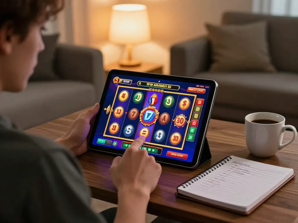 A player enjoys gaming on a tablet at home, engaging with situs slot gacor online for a thrilling experience.