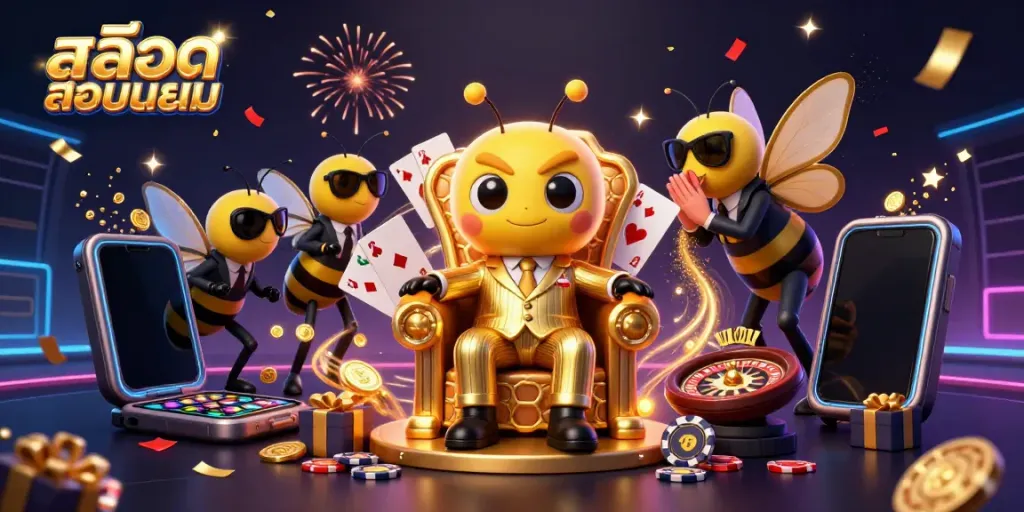 Experience the thrilling world of สล็อตยอดนิยม with a vibrant, dynamic 3D casino scene featuring colorful games and characters.