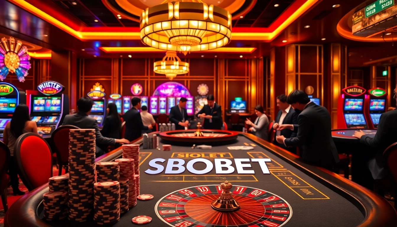 SBOBET table scene with poker chips and roulette wheels reflecting a luxury gambling atmosphere.