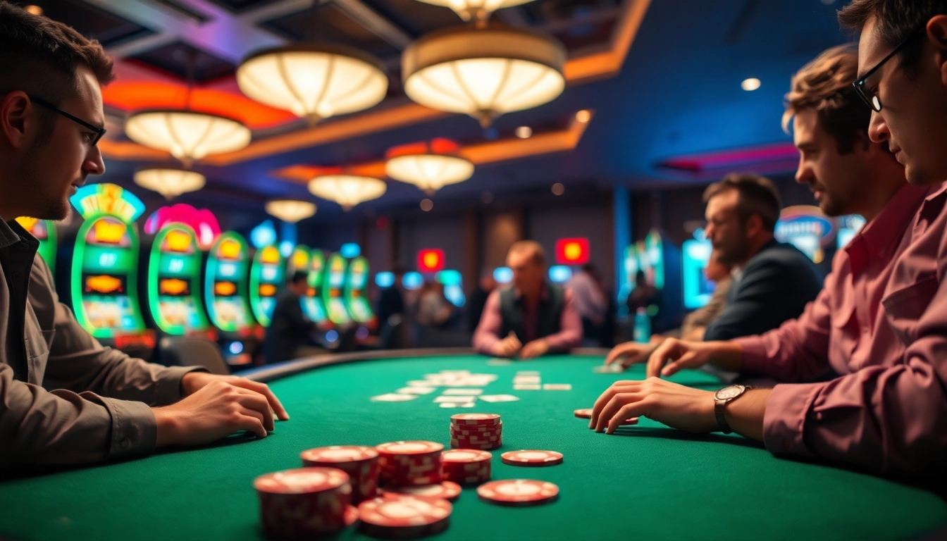 binjaitoto suasana permainan poker dengan pemain fokus di meja hijau.