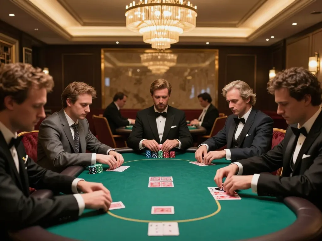 Players engage in intense poker game at high-stakes table in GO8 luxury casino