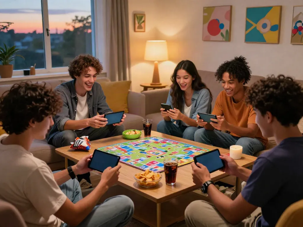Friends enjoying Rumble Rummy gameplay in a cozy living room with vibrant snacks and warm lighting.