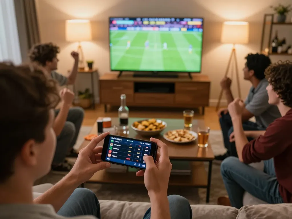 LIGA2000 live betting excitement shown on smartphone during a sports event at home