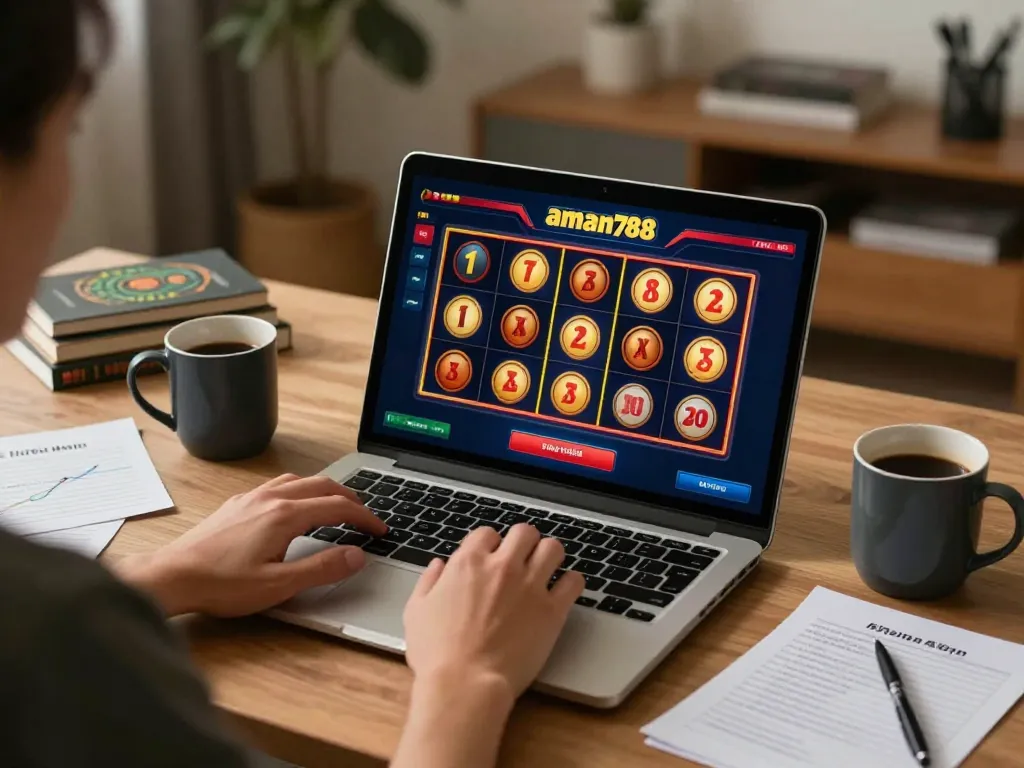 Seseorang yang berinteraksi dengan permainan slot online aman788 di laptop dalam ruang kerja rumah yang hangat dan mengundang.