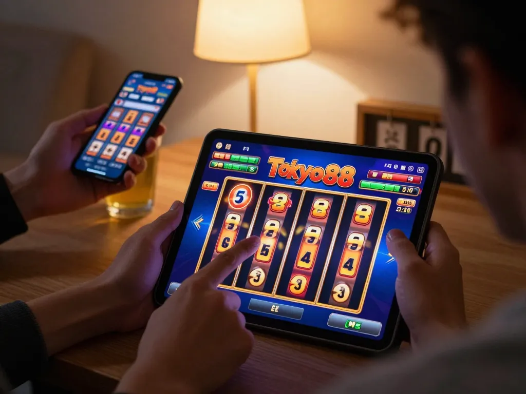 Pemain menikmati slot tokyo88 di tablet sambil bersantai di rumah, menekankan keterlibatan dalam perjudian online.