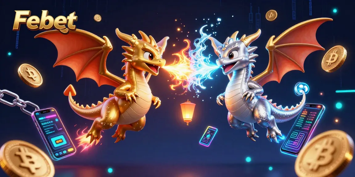 Engage in thrilling gambling with Febet as glowing dragons and crypto coins soar through the casino.