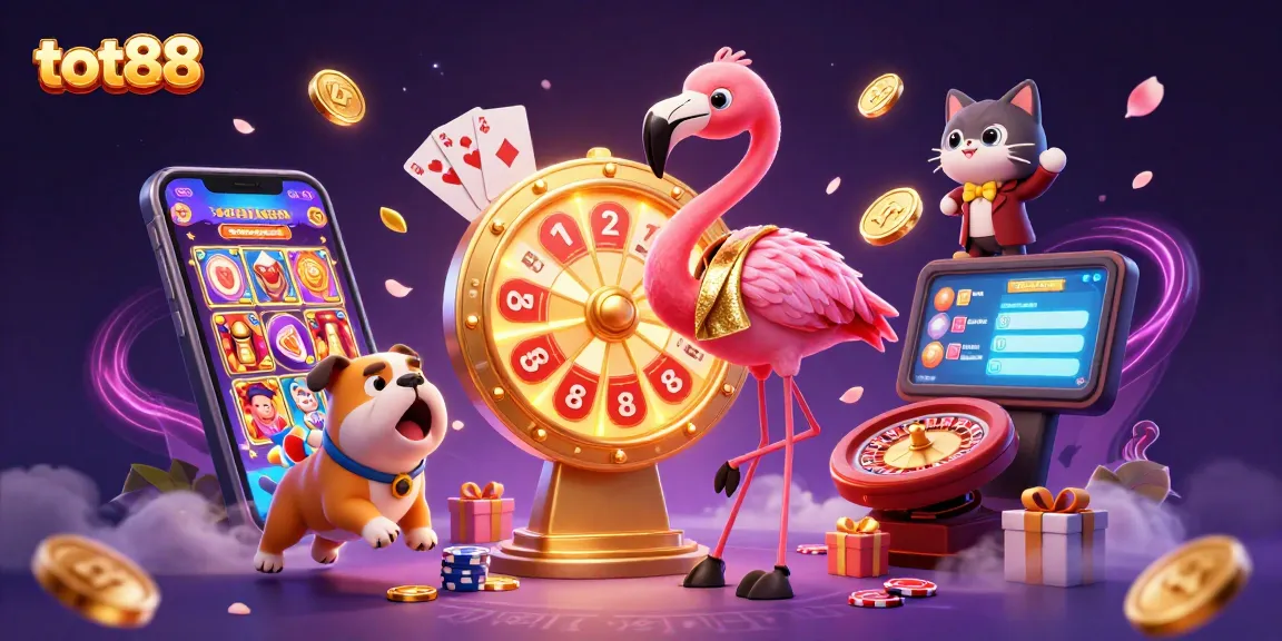 tot88 showcases an exciting gaming scene with a flamingo host, bulldog contestant, and vibrant casino elements