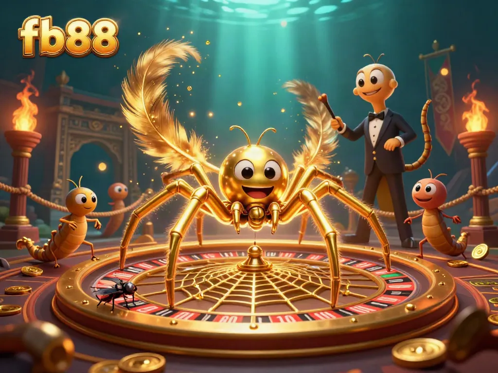 Engage in a vibrant fb88 casino scene with a golden spider web roulette, showing exciting gaming action.