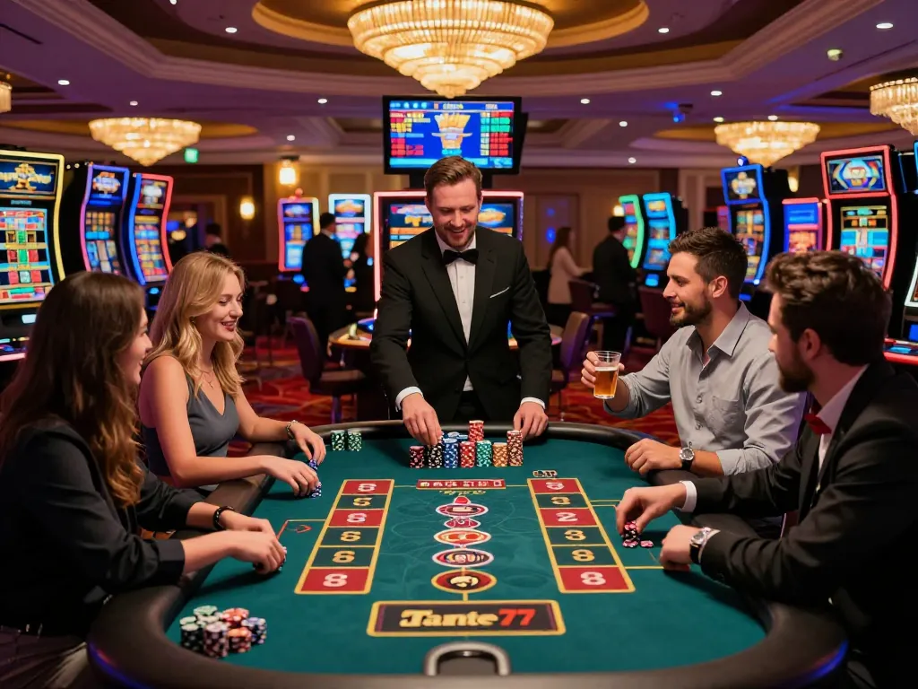 Friends enjoying a thrilling game of roulette at tante77 casino, celebrating wins in a vibrant setting