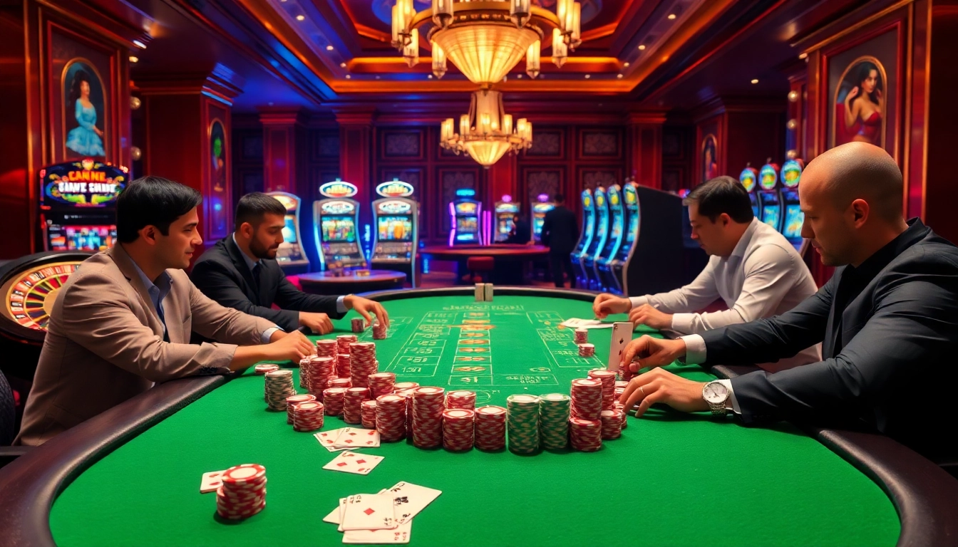 Winning poker game at a luxurious casino setup featuring https://68vip.one/ with vibrant chips and action-packed atmosphere.
