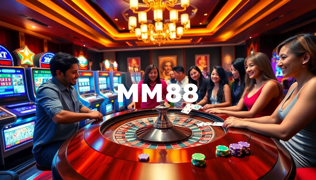 Players enjoying a thrilling game at MM88 casino with roulette, poker chips, and slot machines.