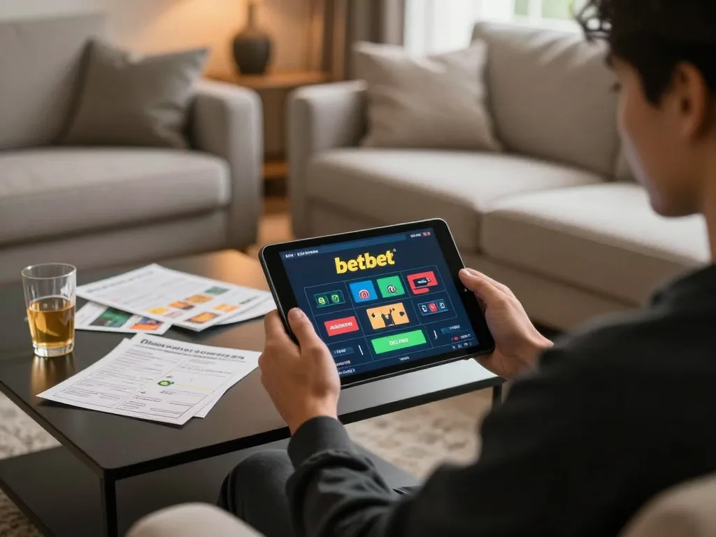 Engaged player using the betbet app on a tablet, surrounded by gaming strategy materials in cozy home setting