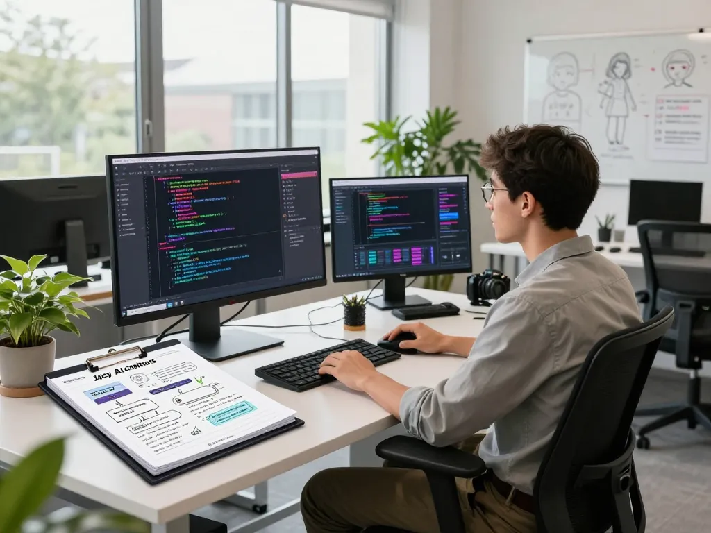 Creative workspace with screens displaying juicy ai chatbot development, modern design elements, and collaborative tools.