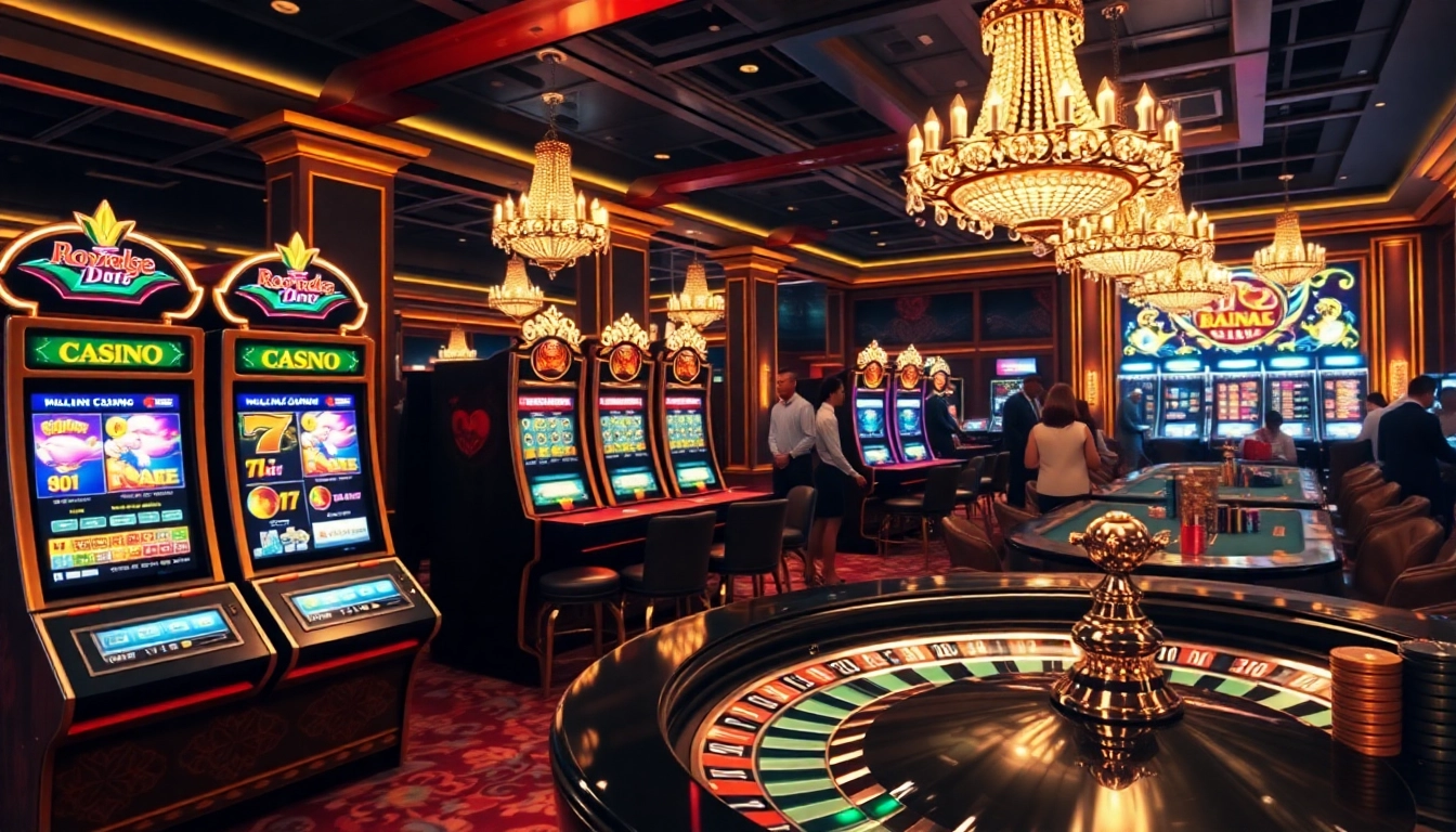 Experience thrilling gameplay at apiraja88 with vibrant slot machines and poker tables in a luxurious casino.