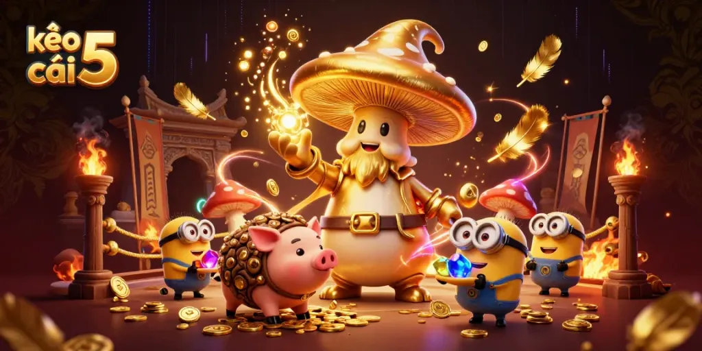 Engage with kèo nhà cái 5 magic in a vibrant 3D casino scene full of treasures.