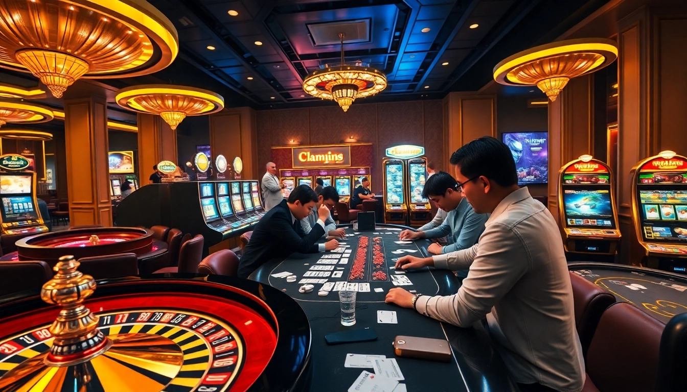 Exciting online gambling scene at UU88 with vibrant tables, players, and slot machines.