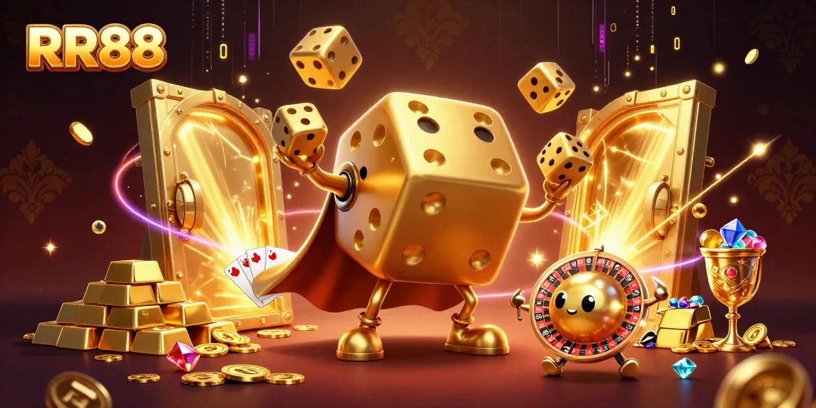 RR88 engages players with a thrilling casino scene featuring golden dice, jewels, and a roulette companion.