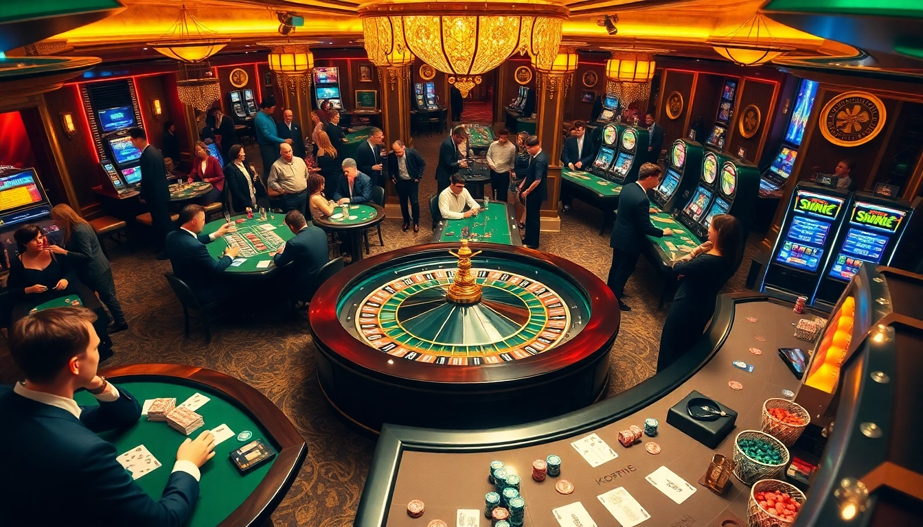 An exciting casino environment showcasing players engaged in games at https://kjc.exchange with roulette wheels and slot machines.