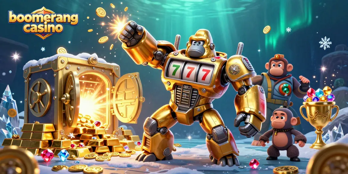 Jackpot igre in nagrade v boomerang casino animaciji z zlatim mehanizmom in bonus igrami.