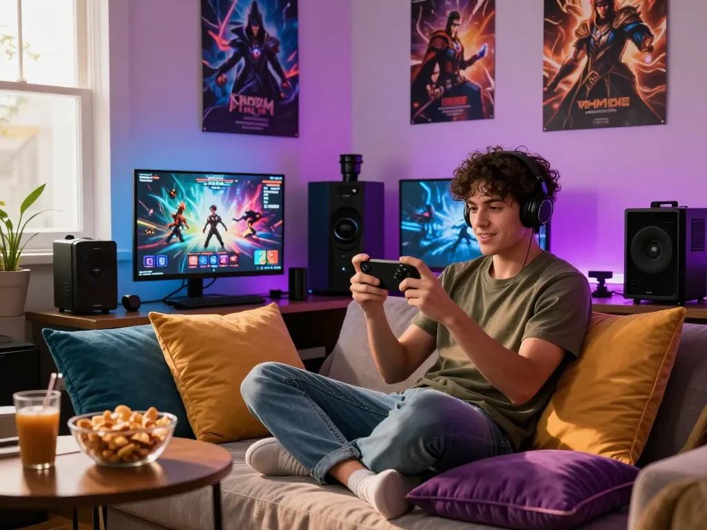 Engaged gamer playing mobile porn games in a cozy room with vibrant lighting.