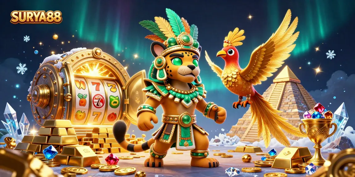 SURYA88 showcases a vibrant 3D casino scene with a Mayan priest, quetzal bird, and slot elements.