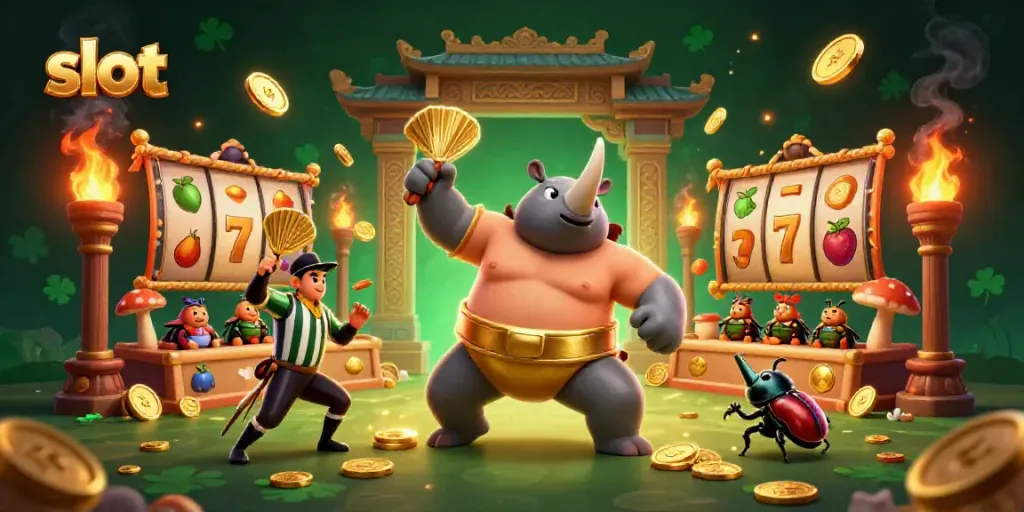 Slot machine scene featuring a beetle champion surrounded by coins and dynamic gaming elements.