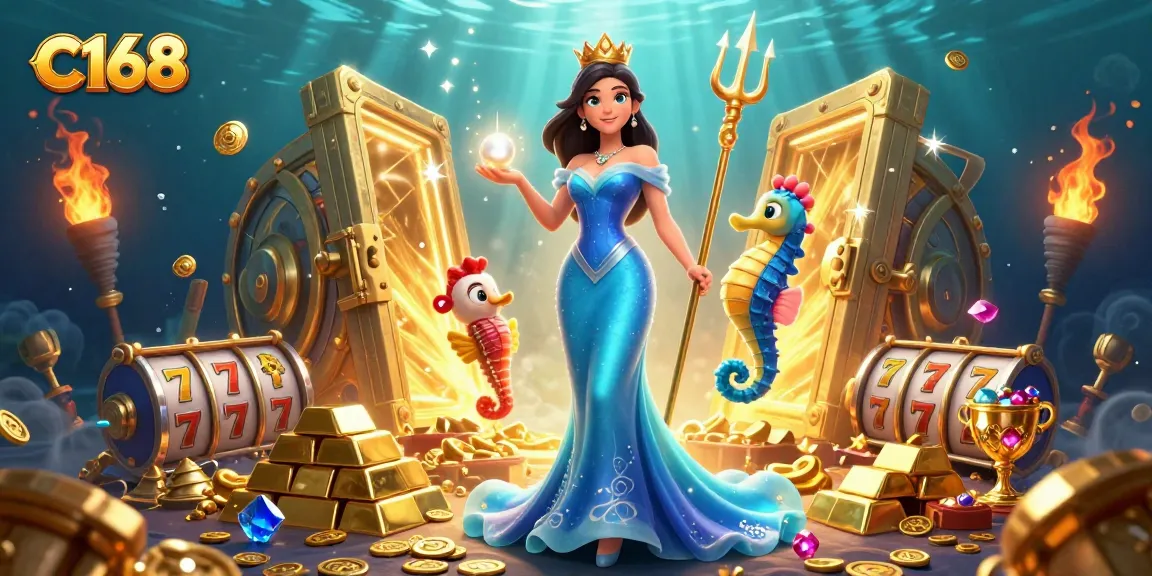 C168 casino gaming scene showcasing a woman and seahorse king amidst treasures, highlighting slots and jackpots.