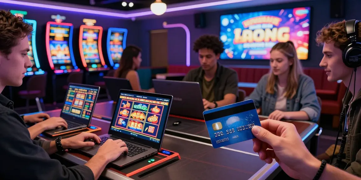 Exciting players at credit card casino sites enjoying games on laptops and devices with colorful promotions and payment options.