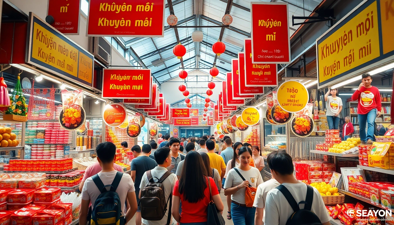 Shoppers enjoying Khuyến mãi deals in a vibrant marketplace