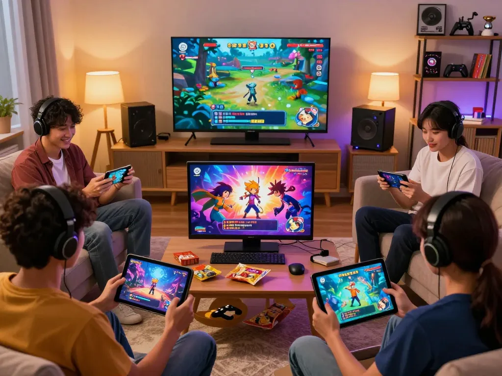 Engaged gamers playing porngames on diverse devices in a cozy atmosphere