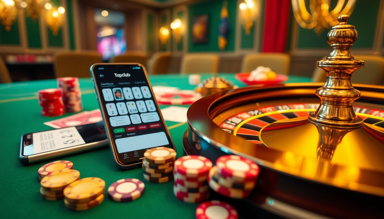Players engaging with thrilling casino games at topclub, showcasing vibrant cards and roulette wheel.
