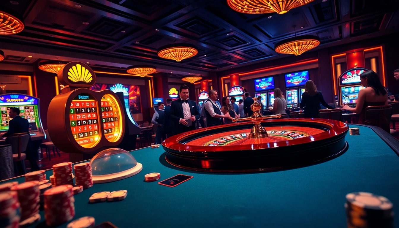 Sunwin gamblers enjoying roulette and slot machines in an upscale casino atmosphere.