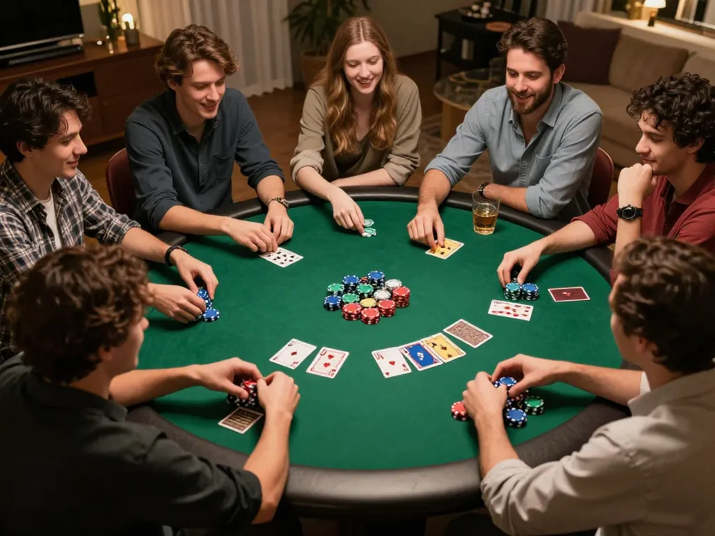 KONG88 poker night with friends enjoying strategic gameplay at a cozy table.