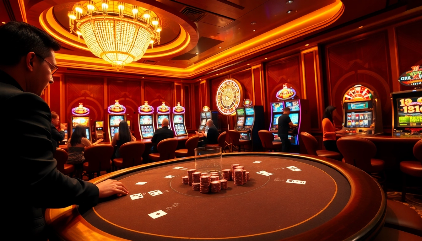 Experience the excitement of 68 game bài at a luxurious casino featuring poker tables and slot machines.