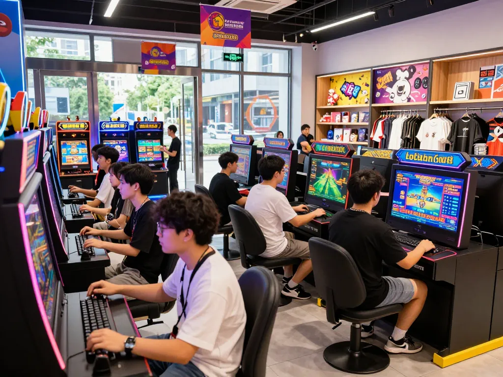 Teman-teman menikmati permainan slot online laoban188 di lingkungan ritel yang ramai, menunjukkan kegembiraan dan komunitas.