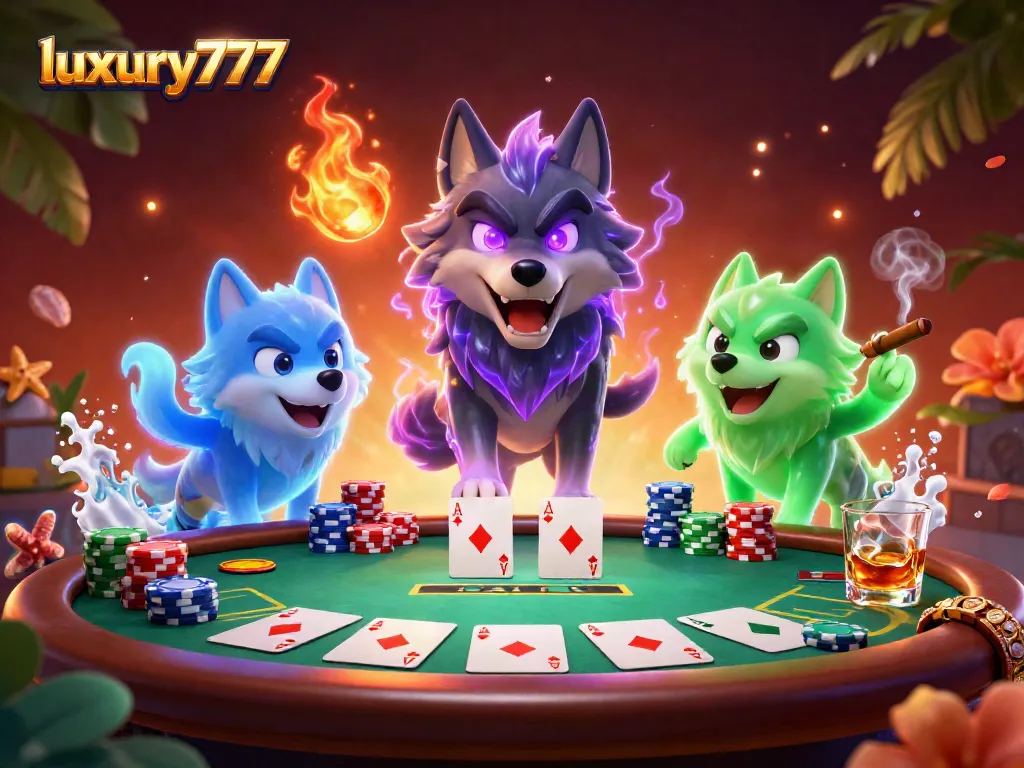 Experience the excitement of luxury777 poker with glowing wolves and vibrant casino elements.