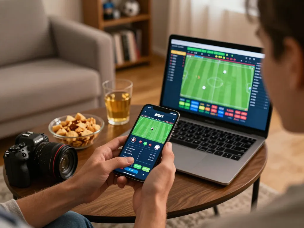 8xbet user placing bets on sports through a mobile app in a cozy living room