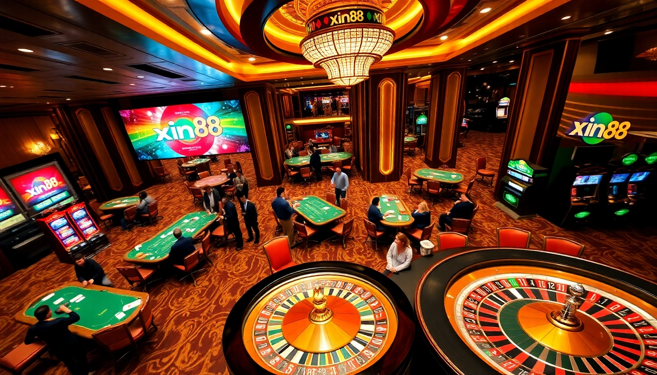 Exciting gaming action at xin88 casino with roulette and card tables bustling with players.