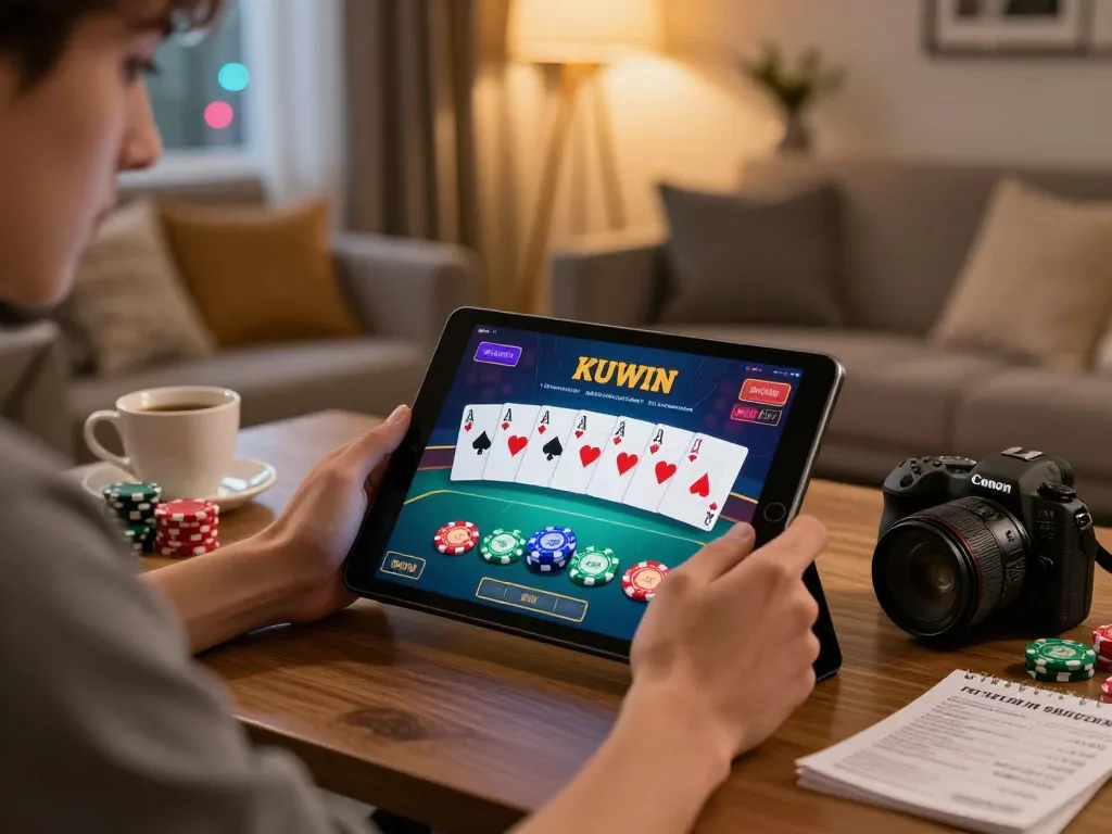 Kuwin player engaging in an online poker game with vibrant chips and cards on tablet.