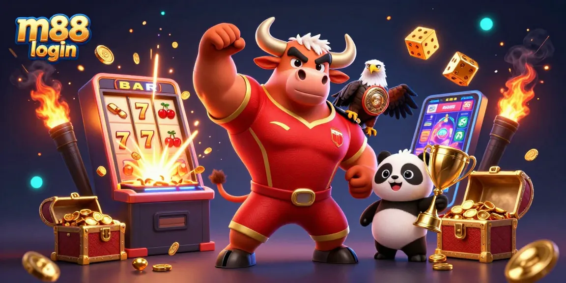 Experience the thrill of m88 login with our vibrant casino scene featuring exciting game elements and mascots.
