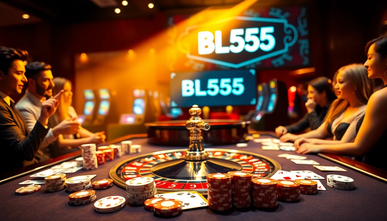 BL555 gaming experience with vibrant roulette table and glamorous casino elements