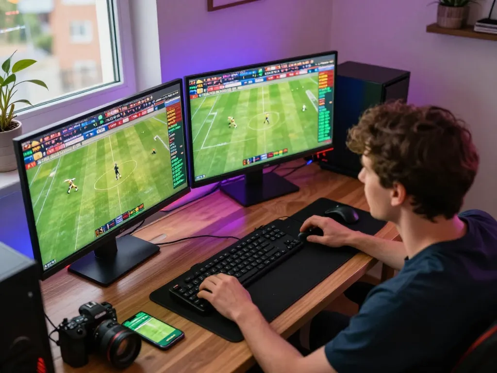 Cakhia sports betting setup with live match streams and quick betting interface in cozy home environment.