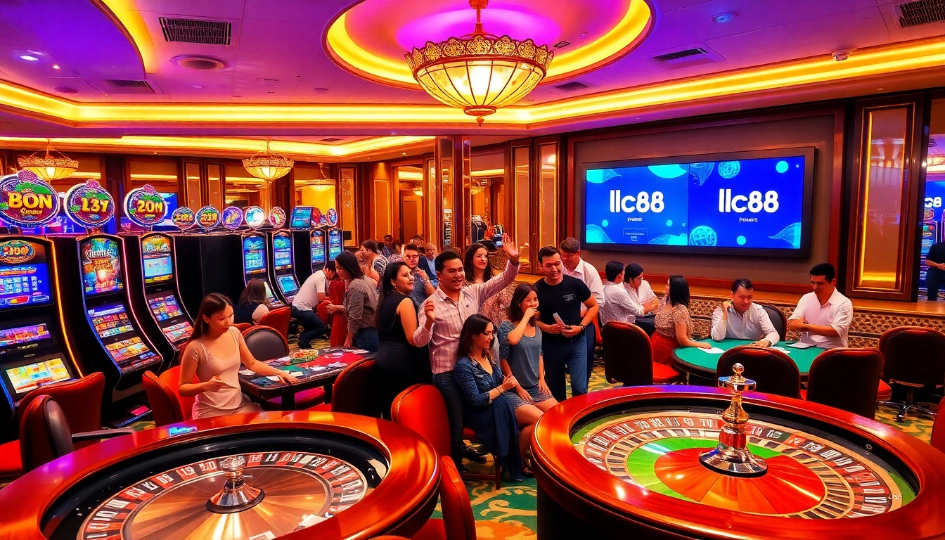 Exciting casino scene with players engaging in games at lc88, featuring slot machines and poker tables.