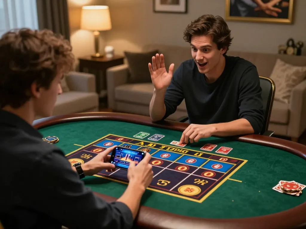 king33 player enjoying a thrilling mobile casino game in a cozy home setting