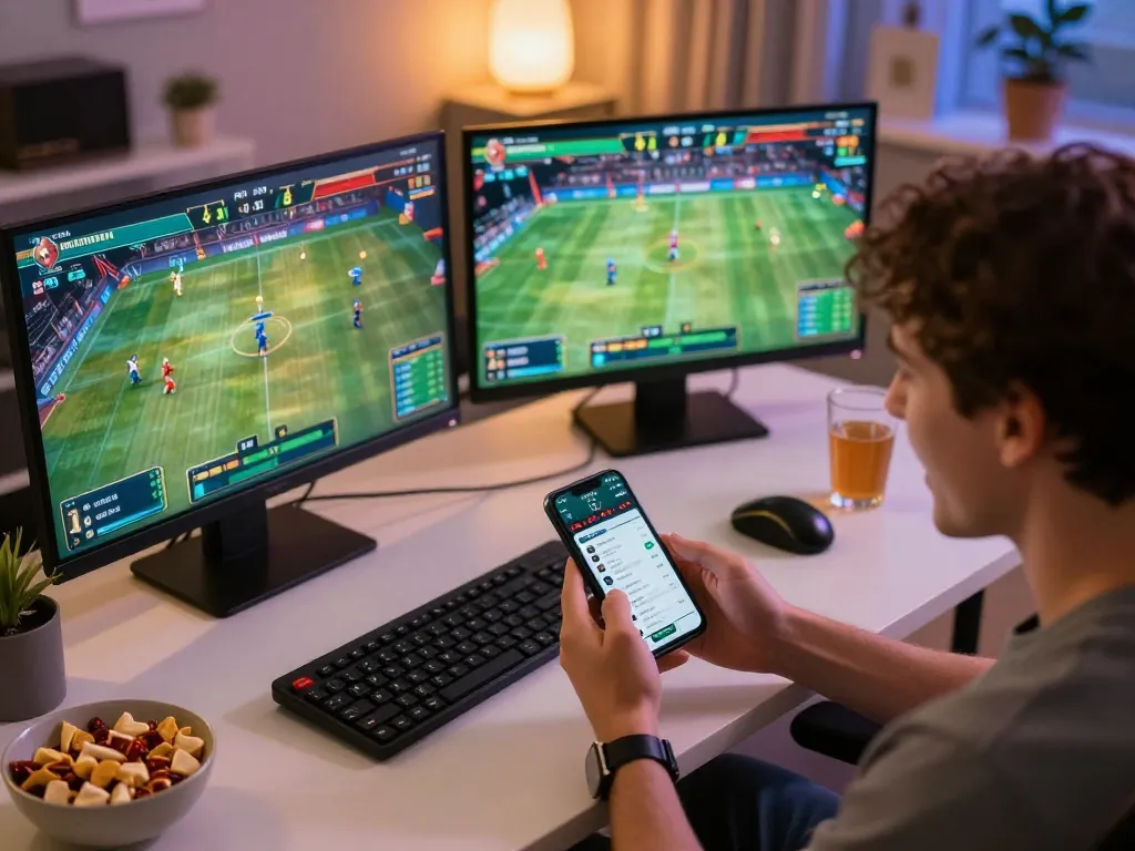 Engaging online sports betting moment with soi keo nha cai app displayed on smartphone in vibrant home office.