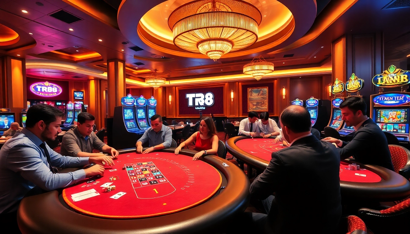Players enjoying poker at TR88 casino tables, surrounded by vibrant lights and action.